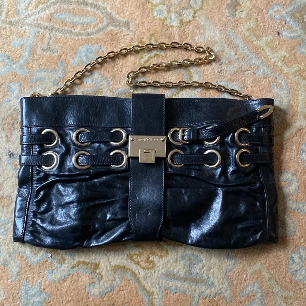 Jimmy Choo Black Leather Chain Shoulder Clutch